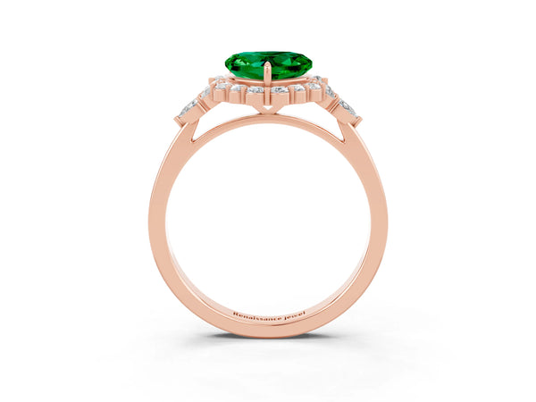 Rose gold Heart Cut Emerald Halo Ring with Pear Side Stones and Prong Setting