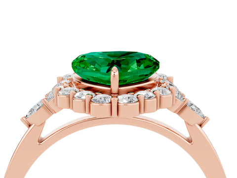Rose gold Heart Cut Emerald Halo Ring with Pear Side Stones and Prong Setting_16