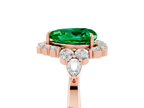 Rose gold Heart Cut Emerald Halo Ring with Pear Side Stones and Prong Setting_17