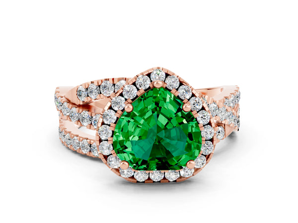 Rose gold Heart Cut Emerald Halo Ring with Round Split Shank and Prong Setting