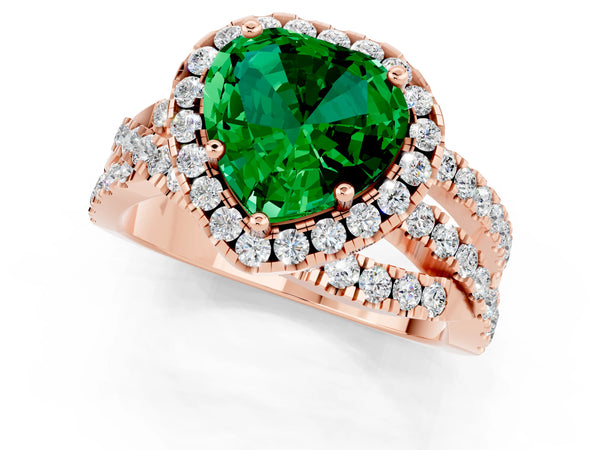 Rose gold Heart Cut Emerald Halo Ring with Round Split Shank and Prong Setting