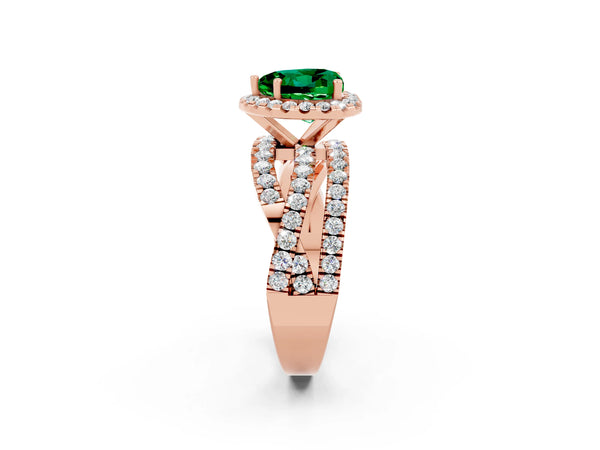 Rose gold Heart Cut Emerald Halo Ring with Round Split Shank and Prong Setting