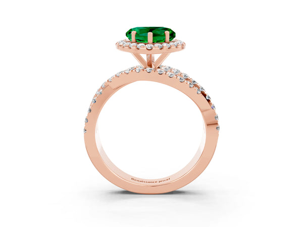 Rose gold Heart Cut Emerald Halo Ring with Round Split Shank and Prong Setting