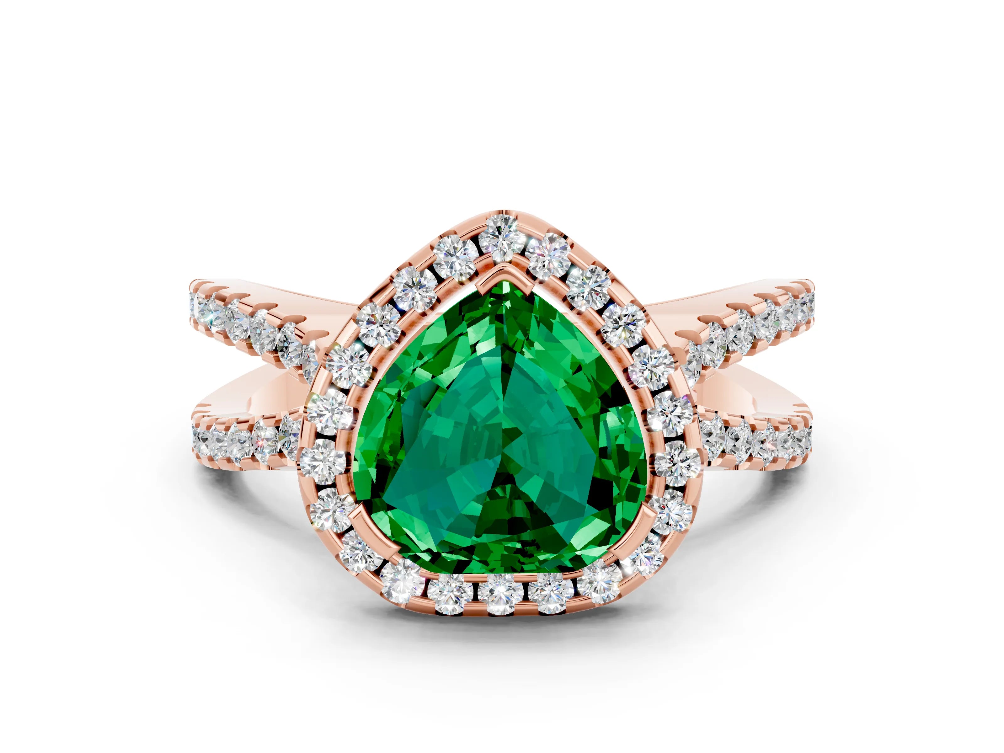 Rose gold Heart Cut Emerald Halo Ring with Split Shank Pavé Band and Prong Setting