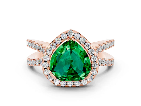 Rose gold Heart Cut Emerald Halo Ring with Split Shank Pavé Band and Prong Setting