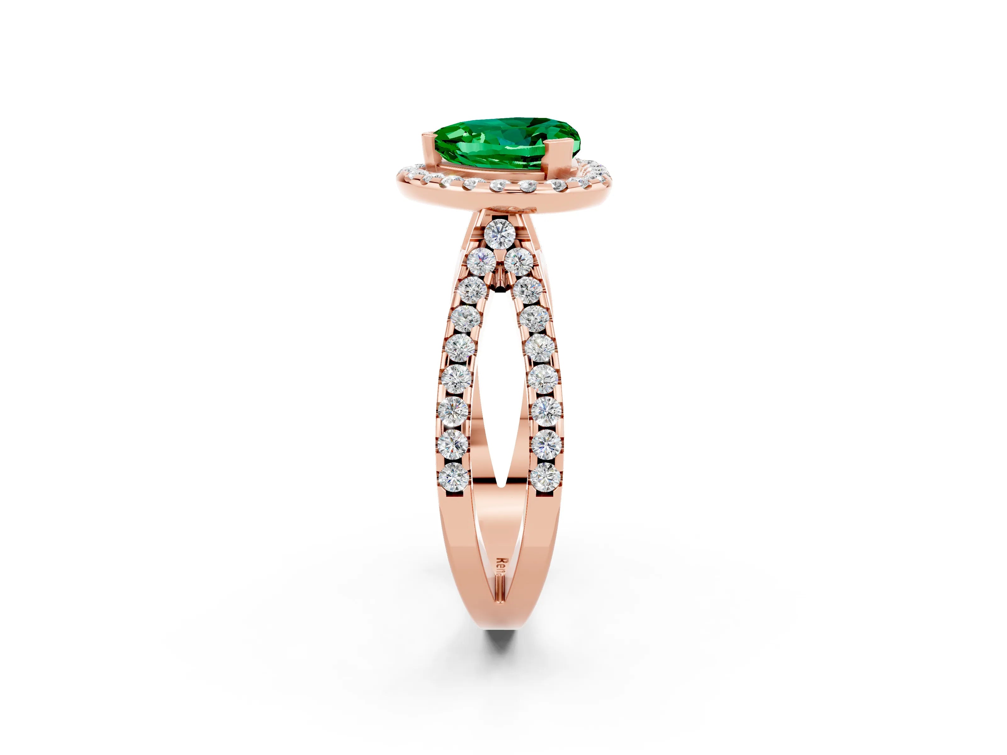 Rose gold Heart Cut Emerald Halo Ring with Split Shank Pavé Band and Prong Setting_2