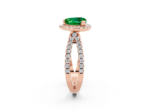 Rose gold Heart Cut Emerald Halo Ring with Split Shank Pavé Band and Prong Setting_2