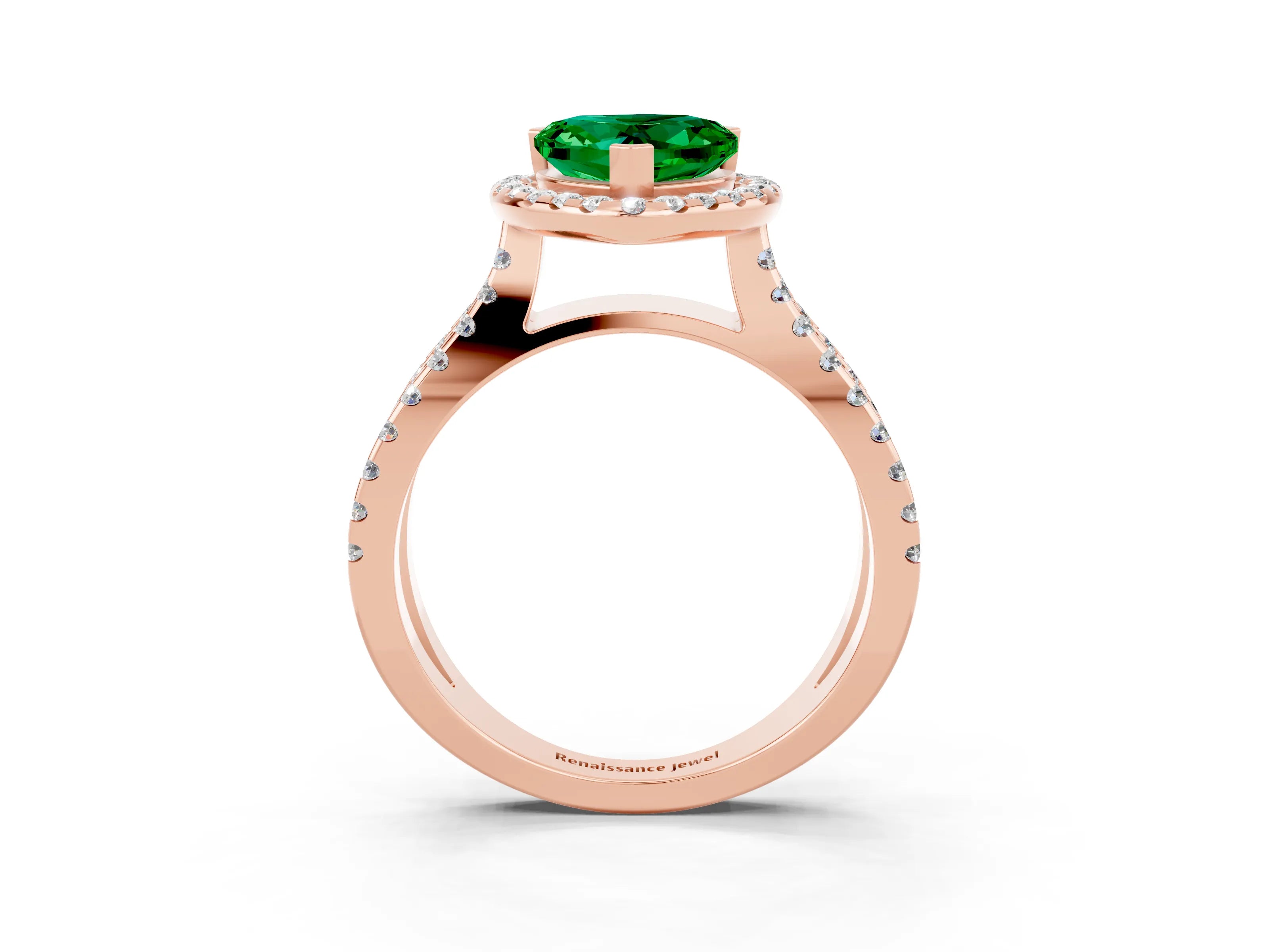 Rose gold Heart Cut Emerald Halo Ring with Split Shank Pavé Band and Prong Setting_3