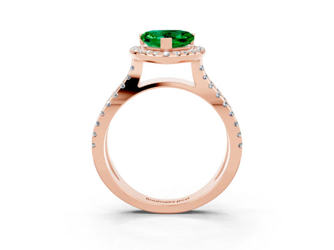 Rose gold Heart Cut Emerald Halo Ring with Split Shank Pavé Band and Prong Setting_3