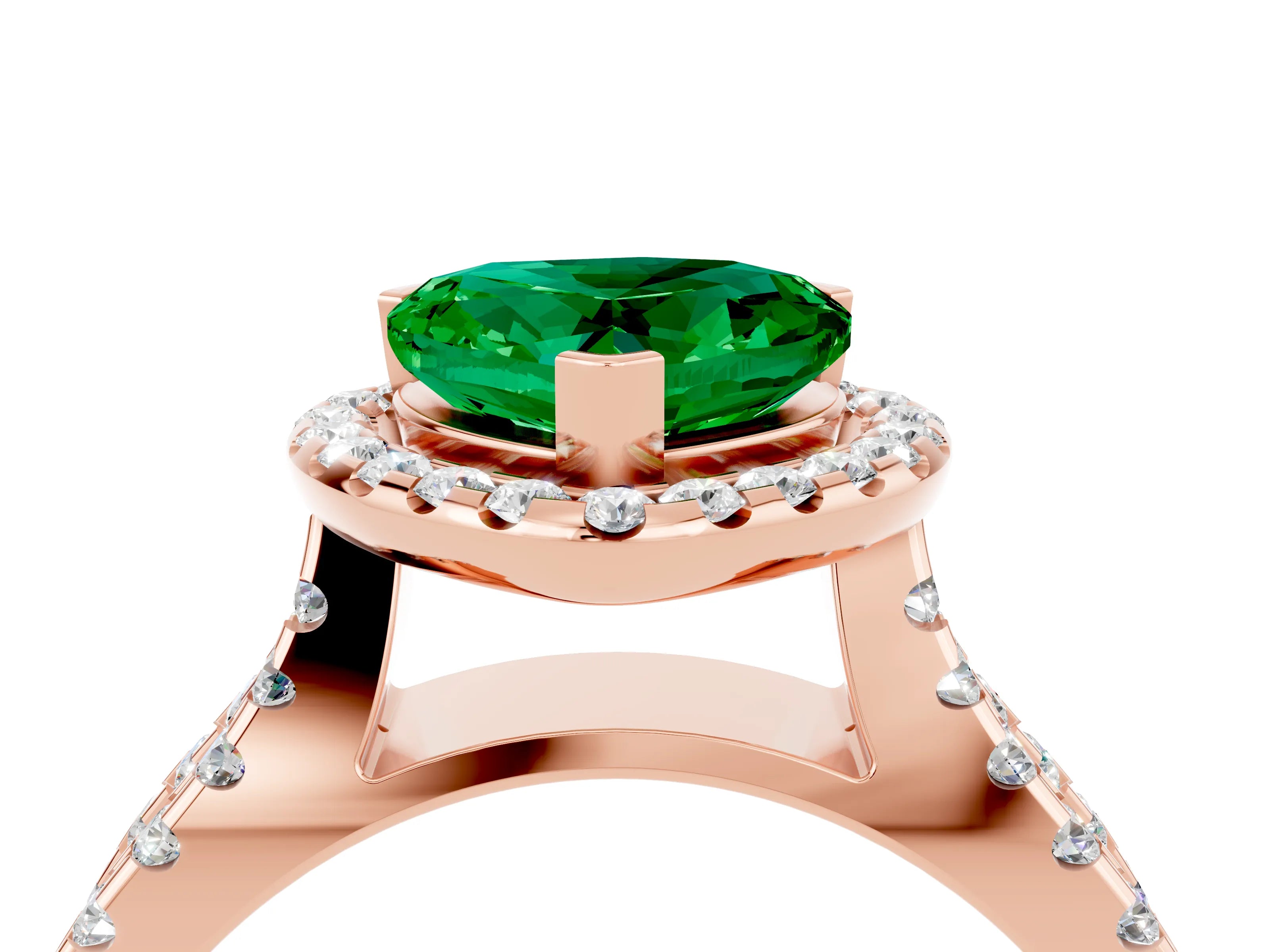 Rose gold Heart Cut Emerald Halo Ring with Split Shank Pavé Band and Prong Setting_4