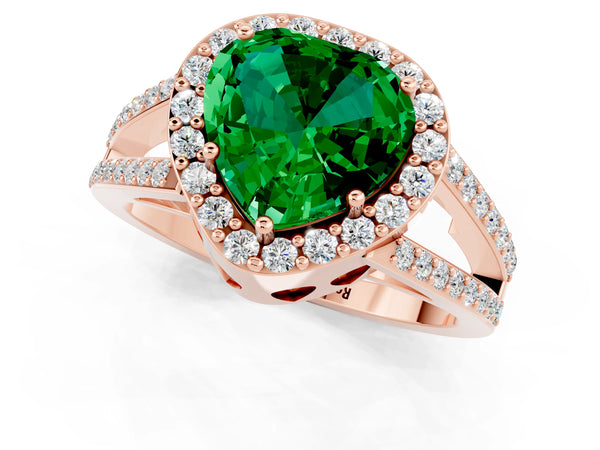 Rose gold Heart Cut Emerald Halo Ring with Split Shank U-Prong Band and Four-Prong Setting