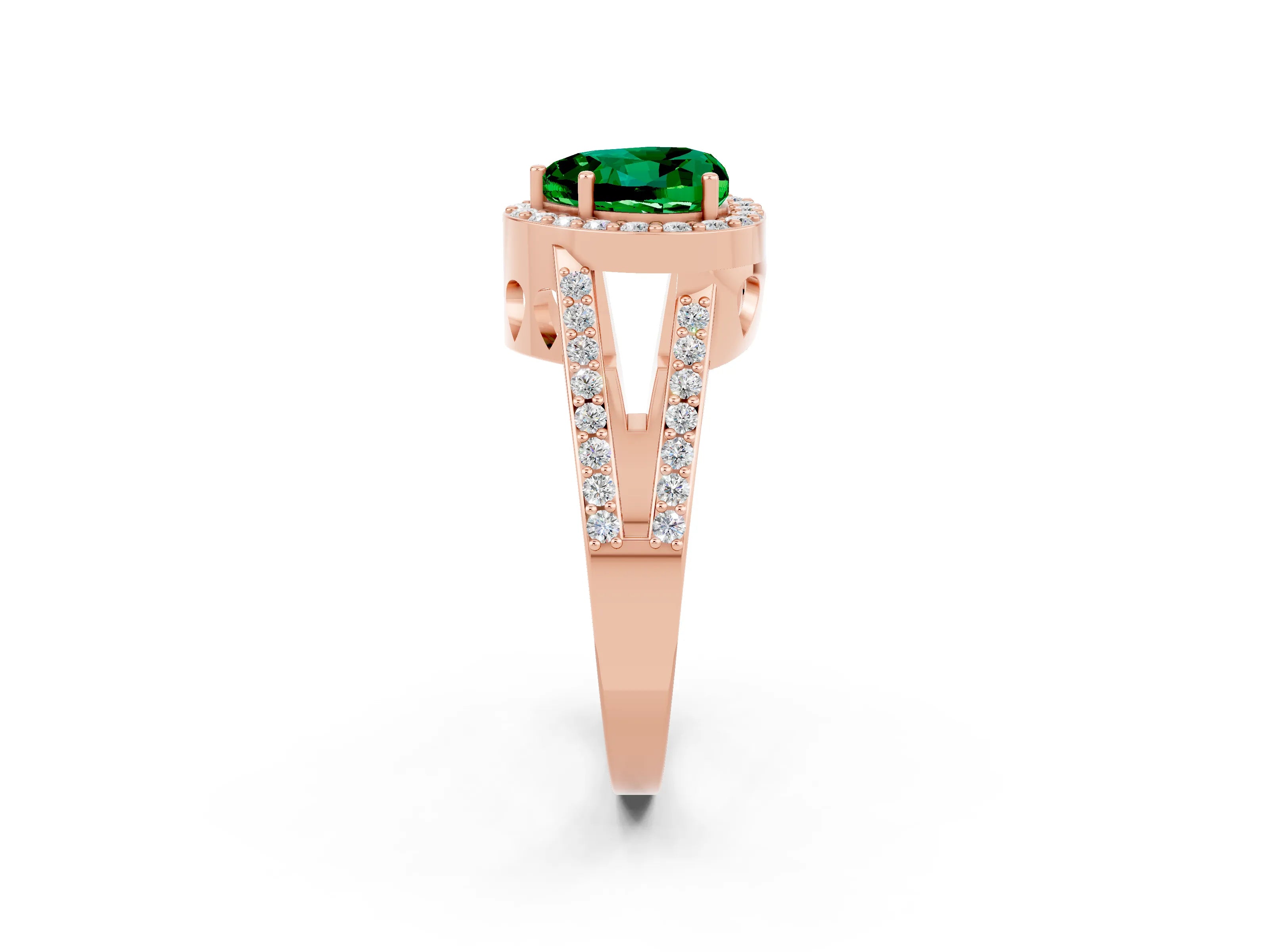 Rose gold Heart Cut Emerald Halo Ring with Split Shank U-Prong Band and Four-Prong Setting_2