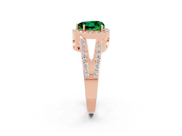 Rose gold Heart Cut Emerald Halo Ring with Split Shank U-Prong Band and Four-Prong Setting