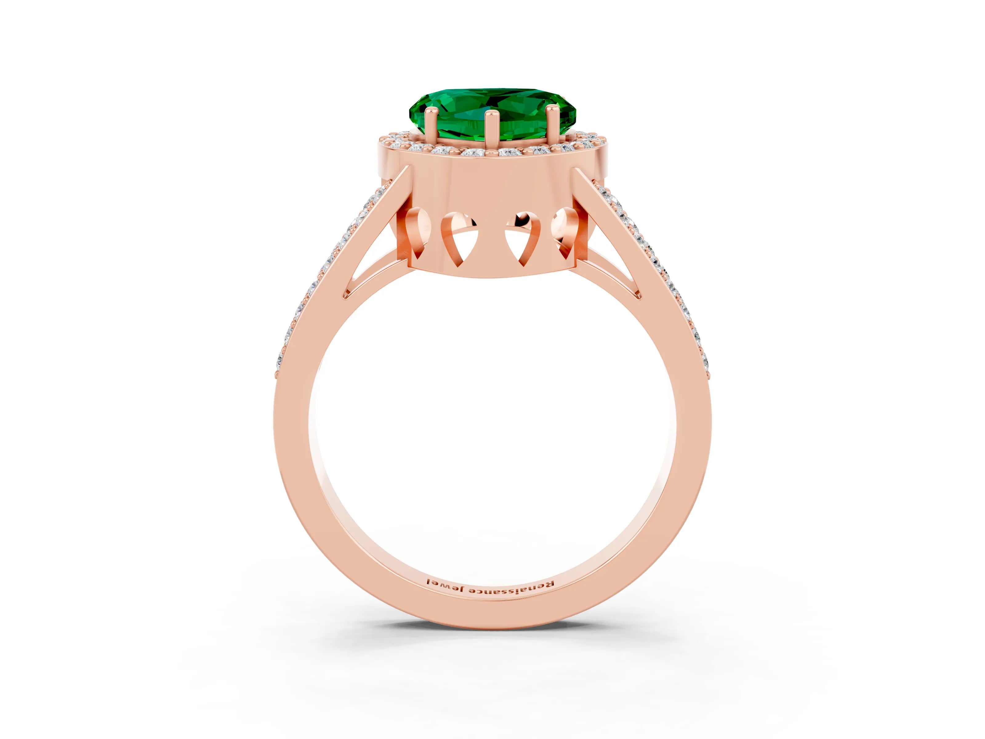 Rose gold Heart Cut Emerald Halo Ring with Split Shank U-Prong Band and Four-Prong Setting_3