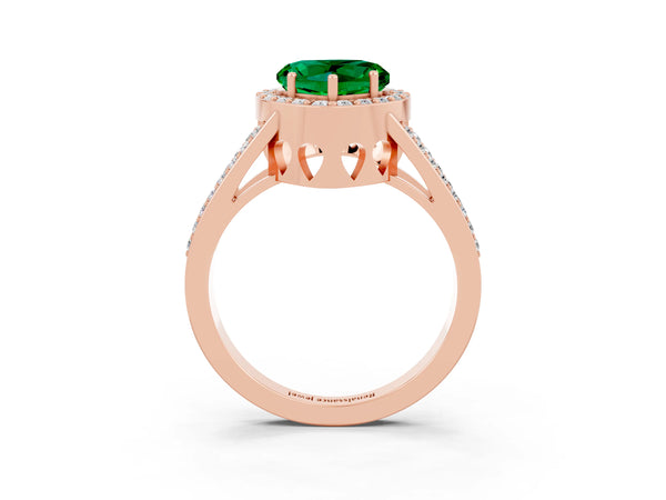 Rose gold Heart Cut Emerald Halo Ring with Split Shank U-Prong Band and Four-Prong Setting