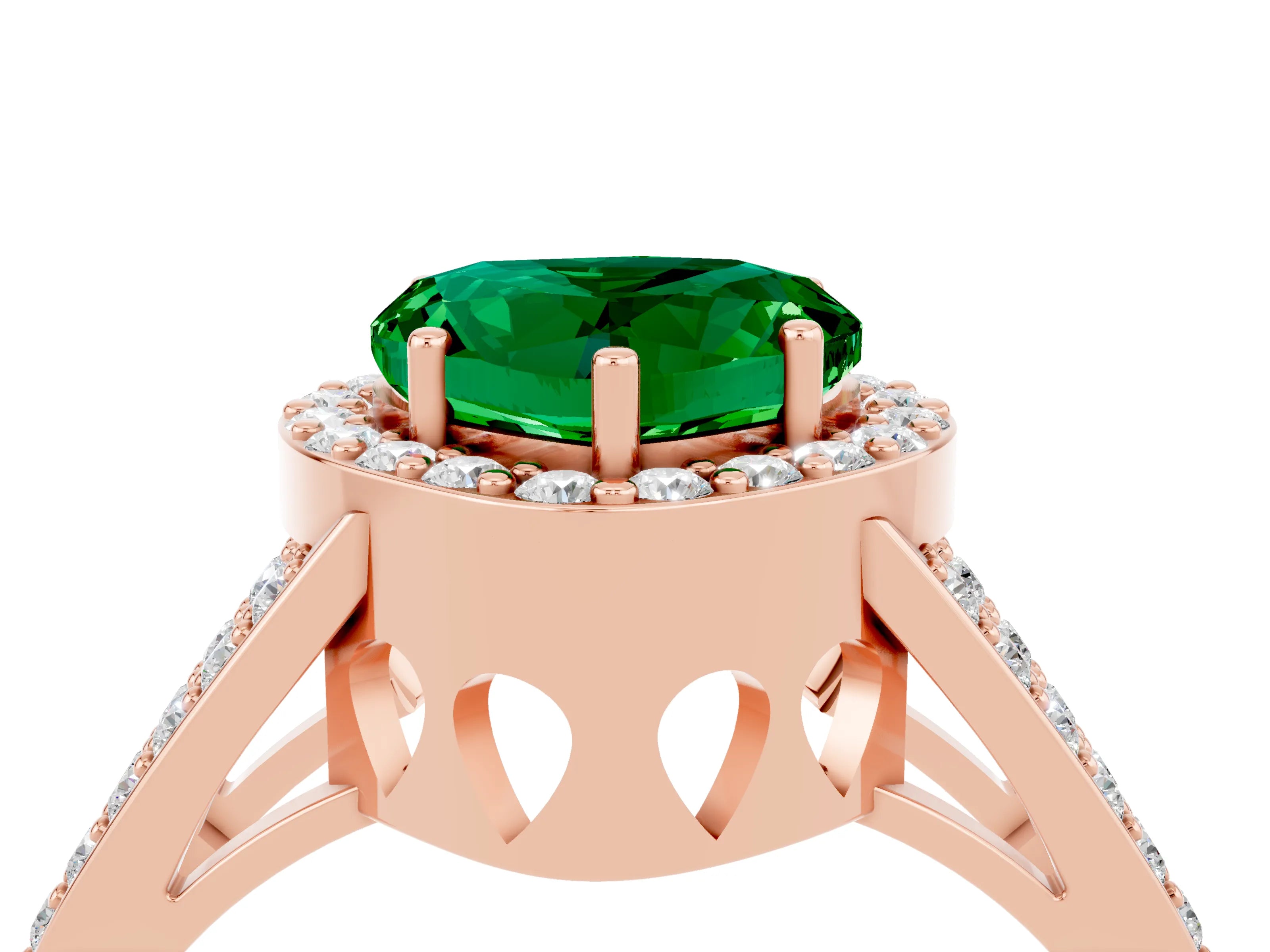 Rose gold Heart Cut Emerald Halo Ring with Split Shank U-Prong Band and Four-Prong Setting_4