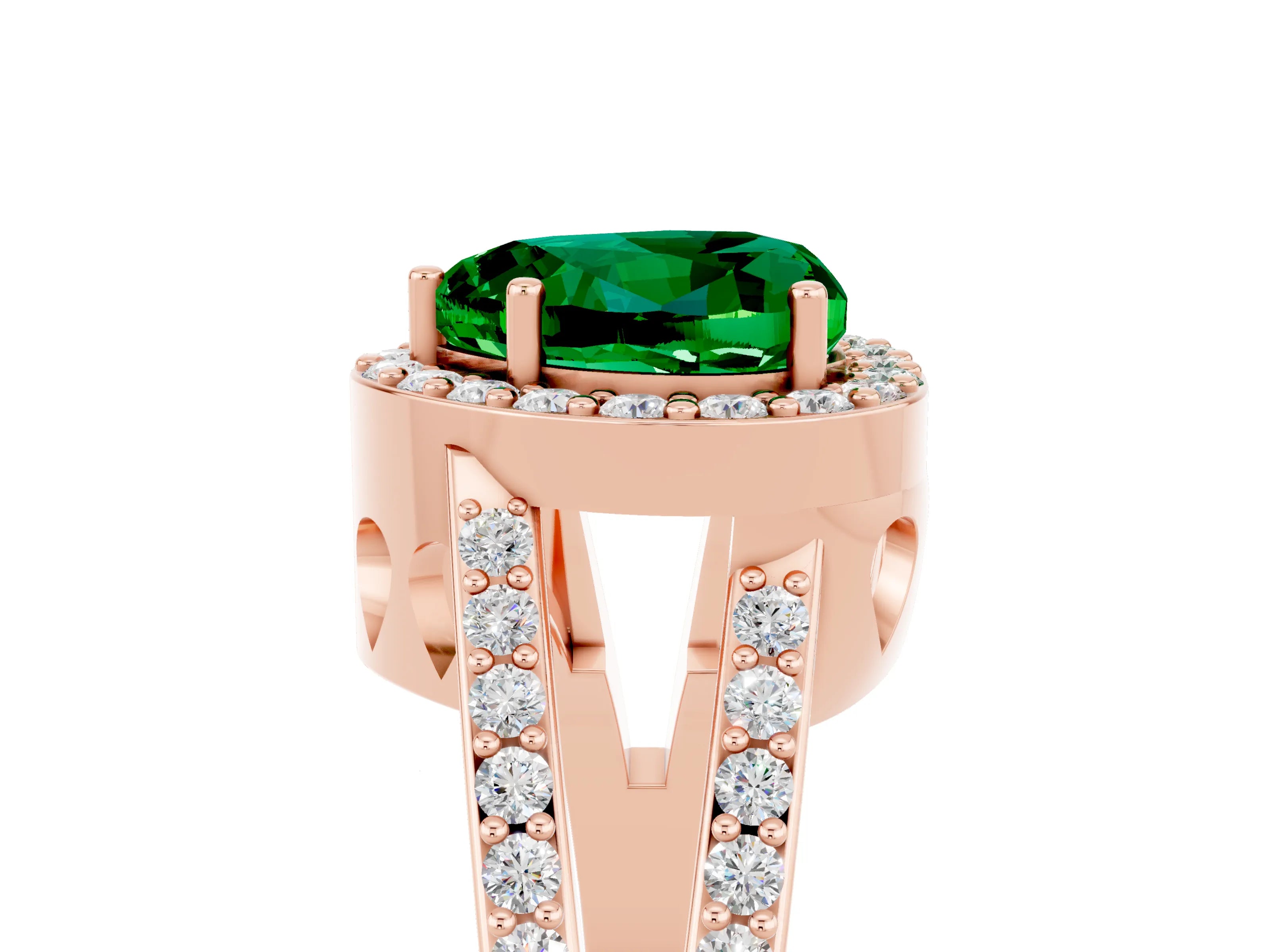 Rose gold Heart Cut Emerald Halo Ring with Split Shank U-Prong Band and Four-Prong Setting_5