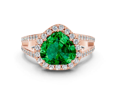 Rose gold Heart Cut Emerald Halo Ring with Split Shank U-Prong Band and Four-Prong Setting