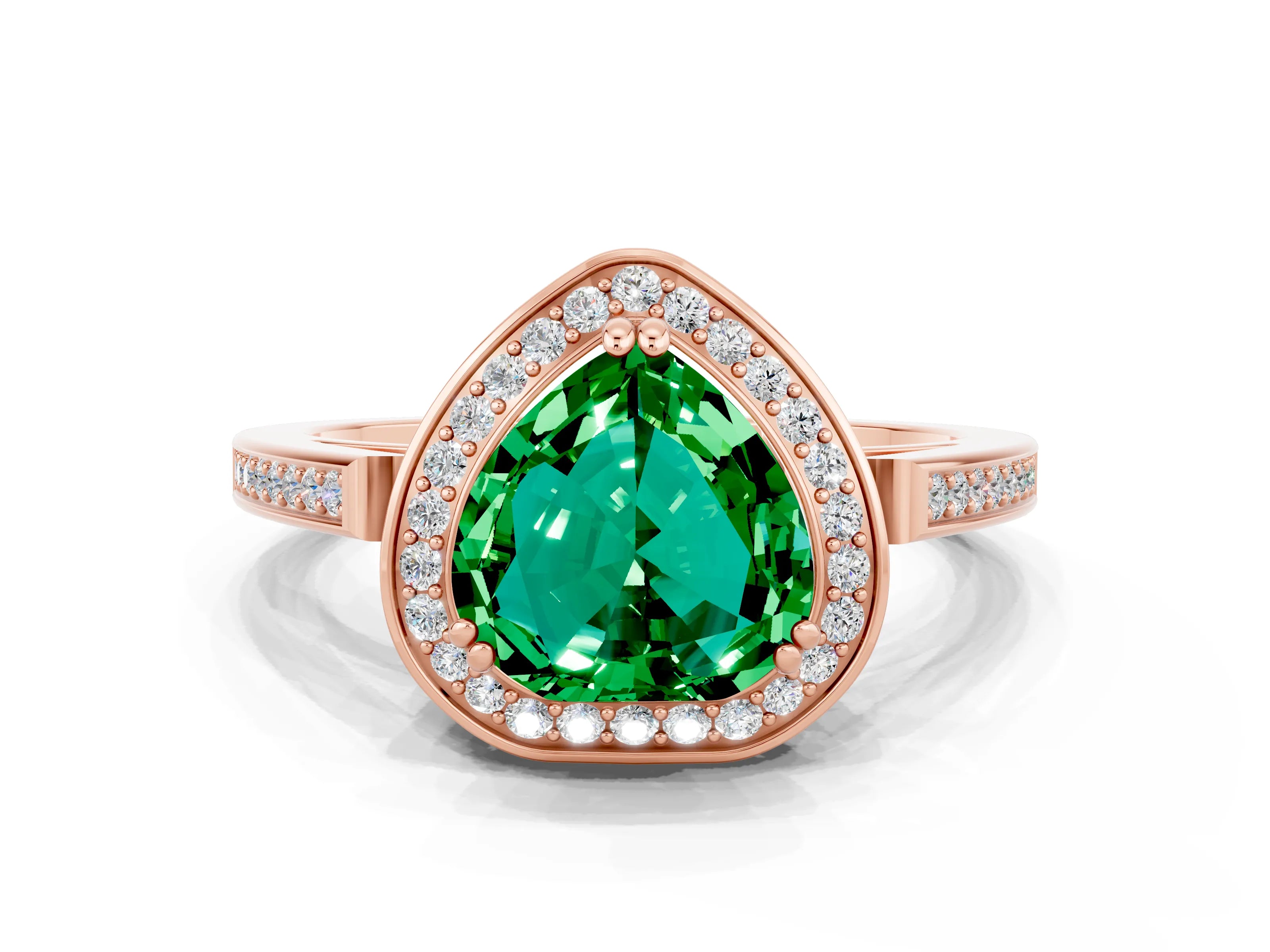 Rose gold Heart Cut Emerald Halo Ring with Split Shank and Four-Prong Setting