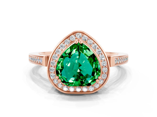 Rose gold Heart Cut Emerald Halo Ring with Split Shank and Four-Prong Setting