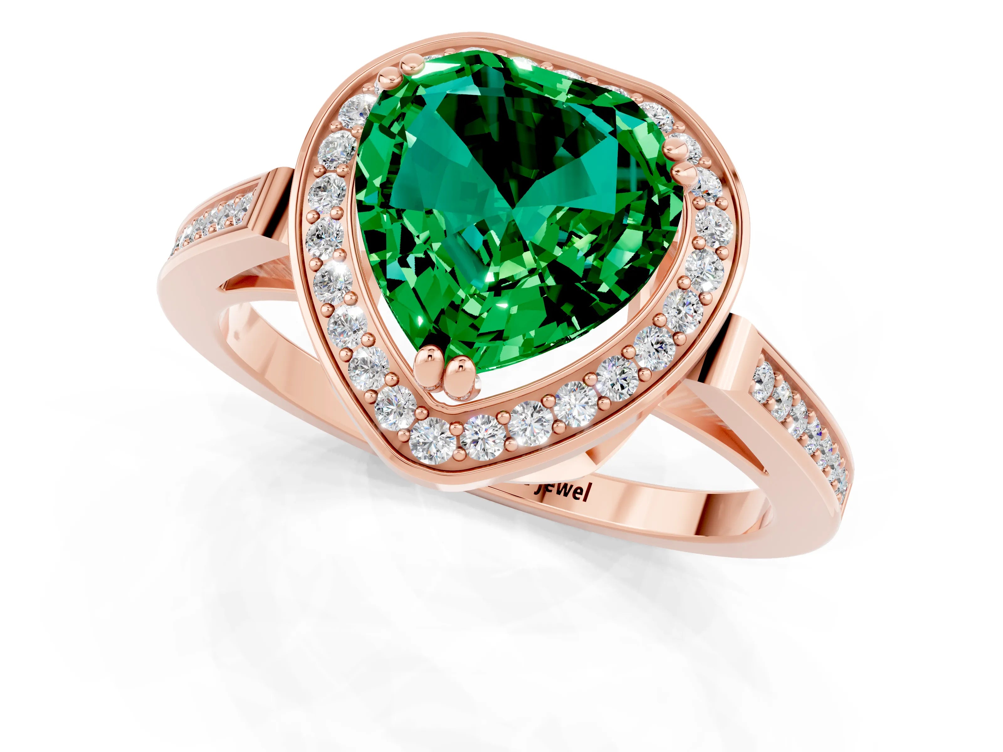 Rose gold Heart Cut Emerald Halo Ring with Split Shank and Four-Prong Setting_1
