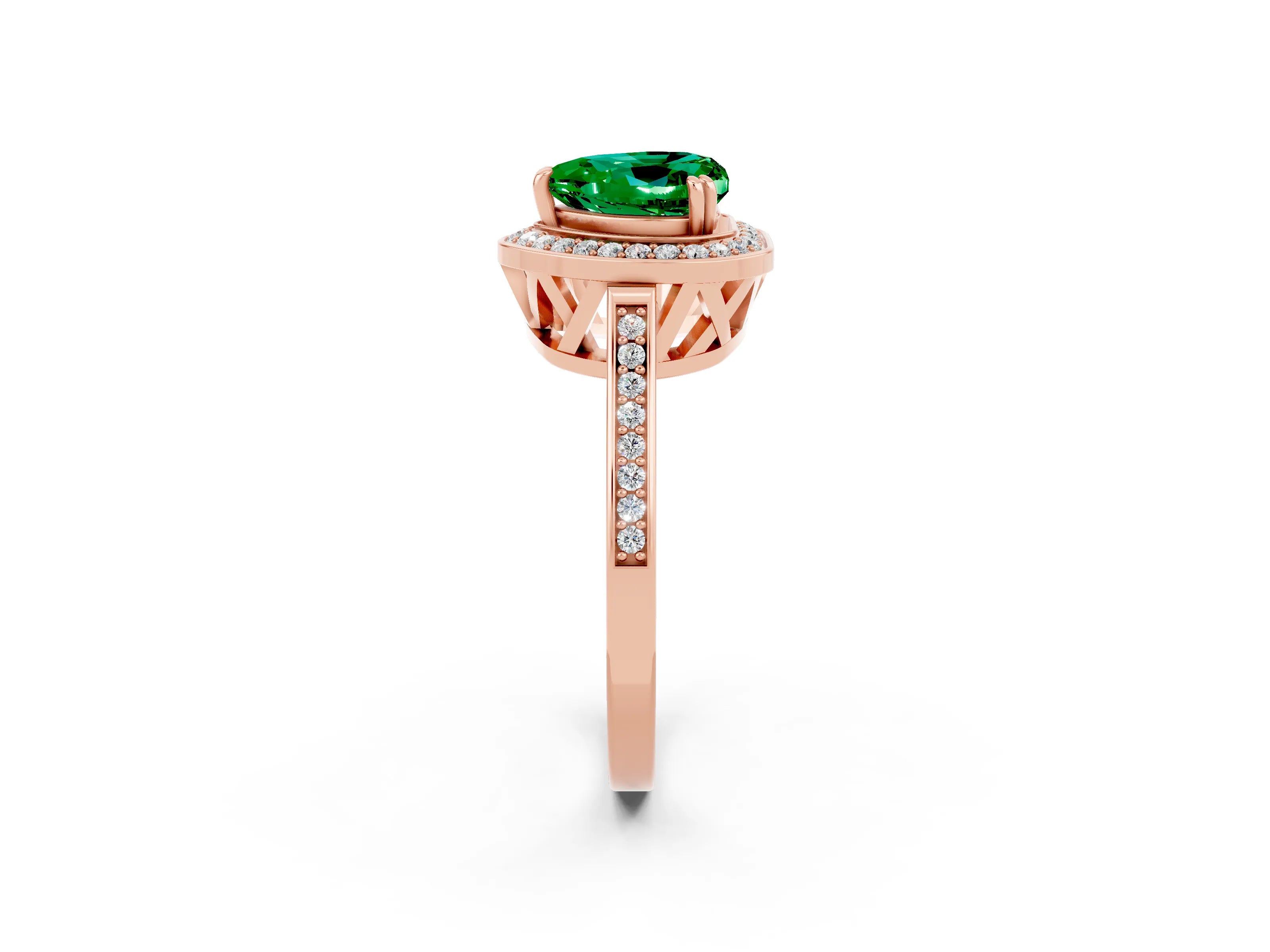 Rose gold Heart Cut Emerald Halo Ring with Split Shank and Four-Prong Setting_2