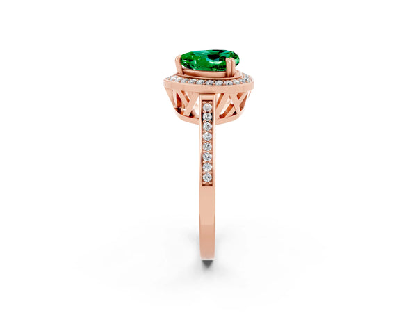 Rose gold Heart Cut Emerald Halo Ring with Split Shank and Four-Prong Setting