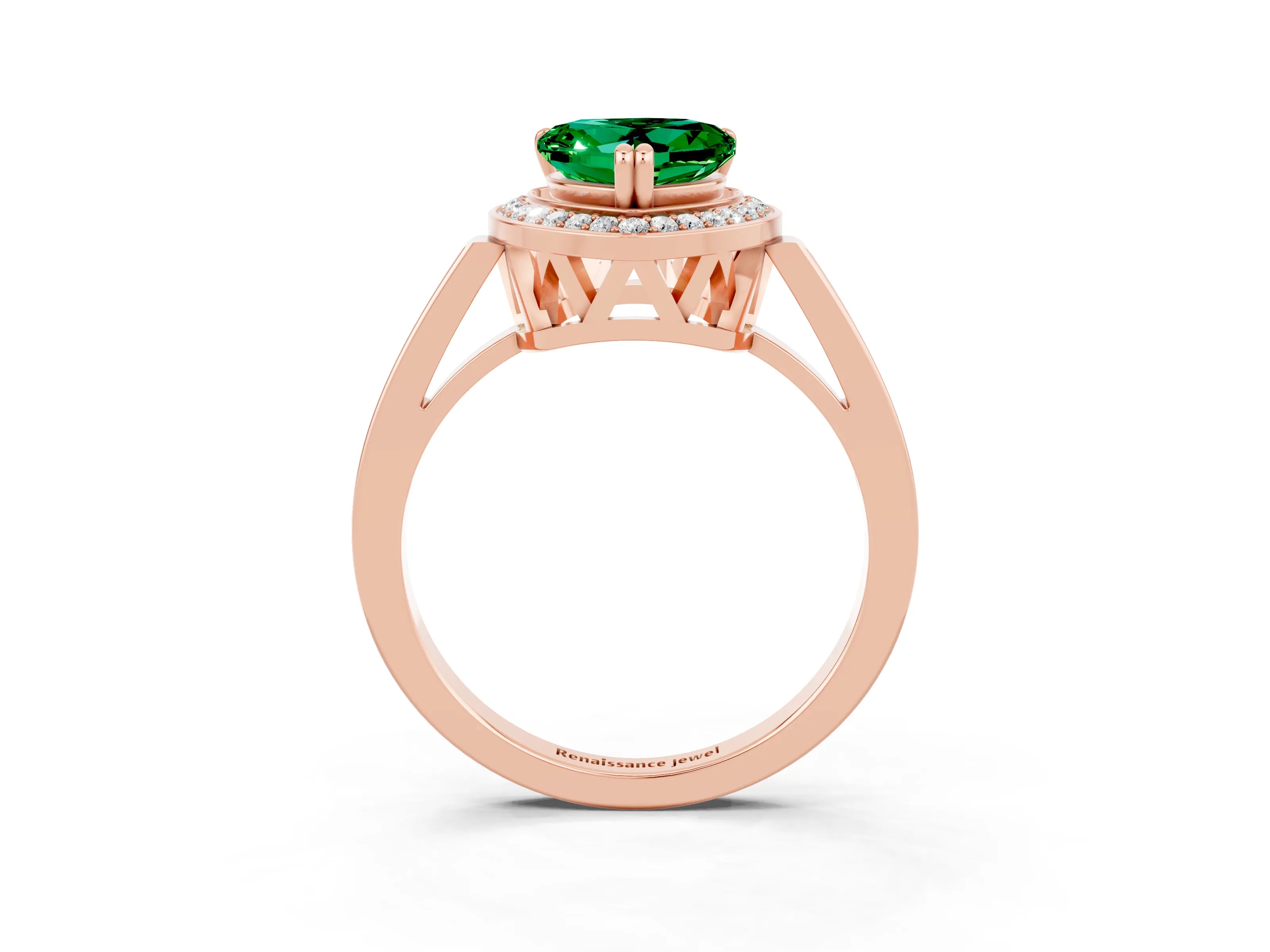 Rose gold Heart Cut Emerald Halo Ring with Split Shank and Four-Prong Setting_3