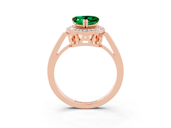 Rose gold Heart Cut Emerald Halo Ring with Split Shank and Four-Prong Setting