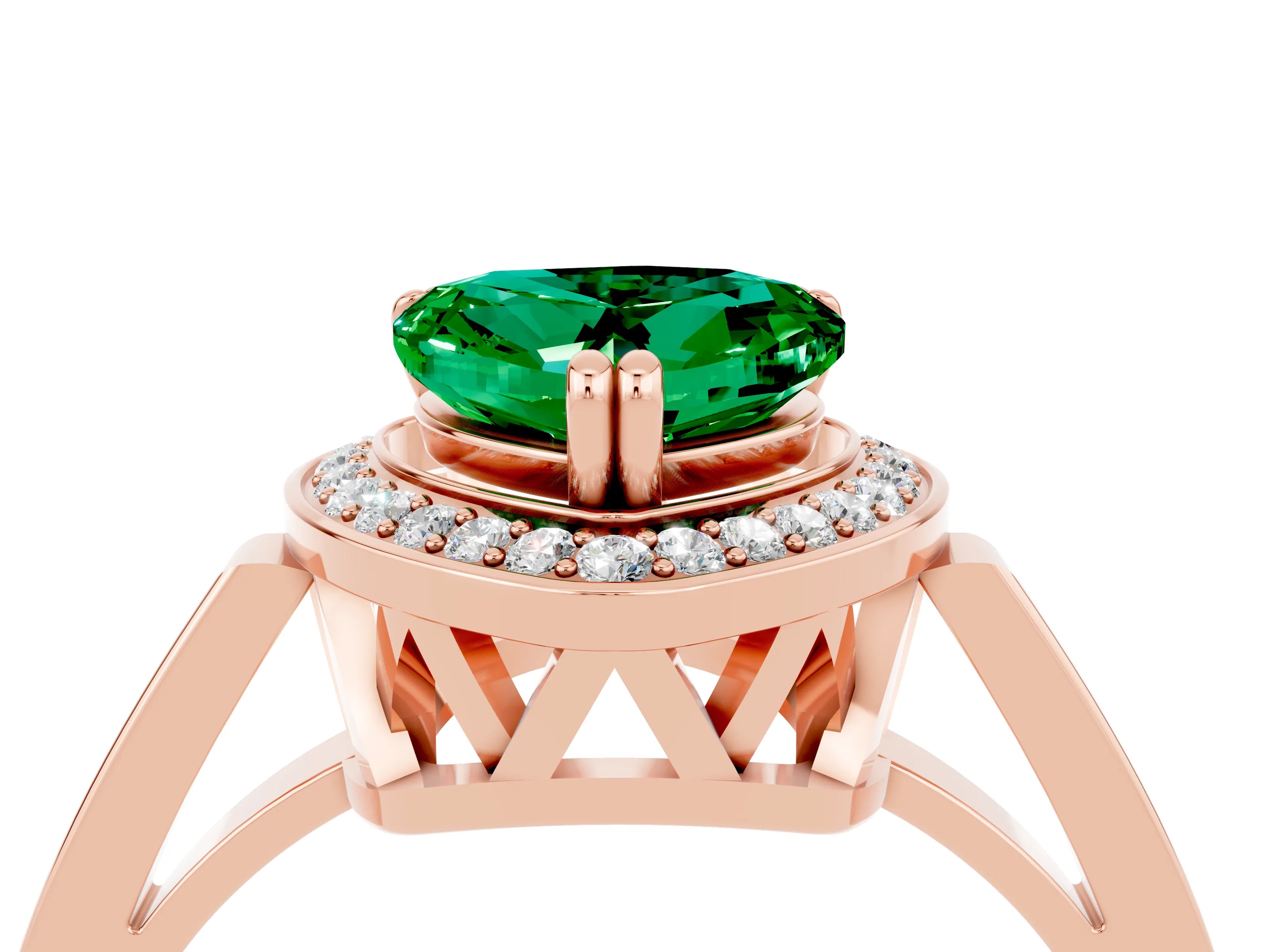 Rose gold Heart Cut Emerald Halo Ring with Split Shank and Four-Prong Setting_4