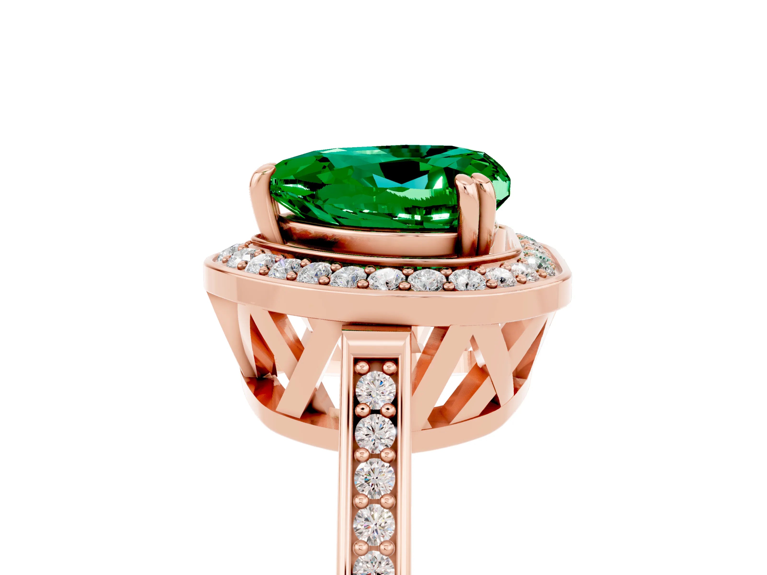 Rose gold Heart Cut Emerald Halo Ring with Split Shank and Four-Prong Setting_5