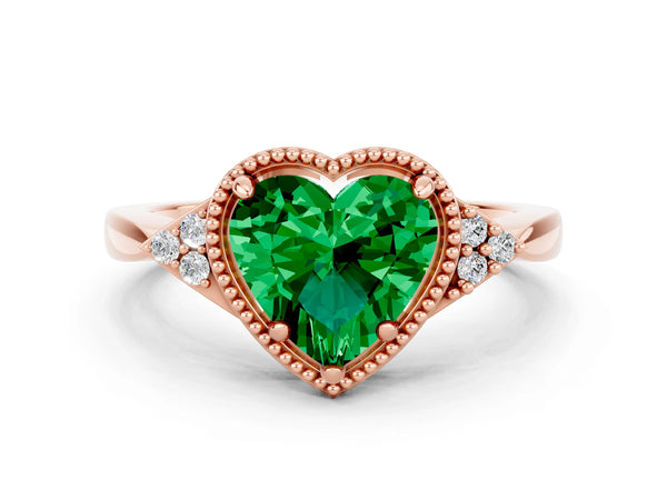 Rose gold Heart Cut Emerald Halo Ring with Tapered Band and Four-Prong Setting