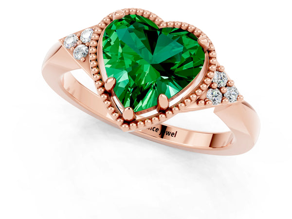Rose gold Heart Cut Emerald Halo Ring with Tapered Band and Four-Prong Setting