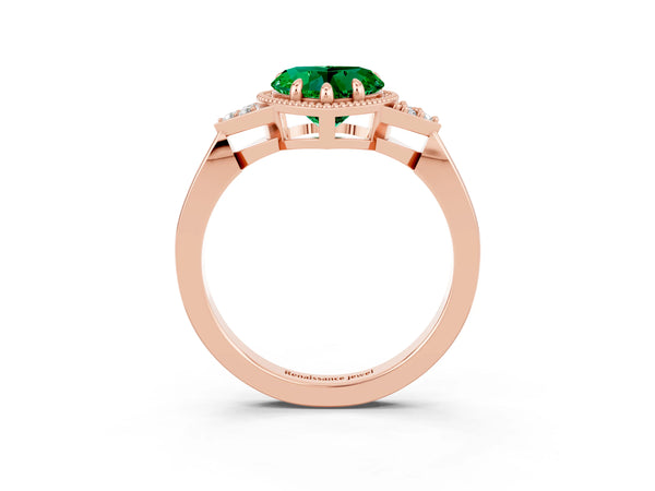 Rose gold Heart Cut Emerald Halo Ring with Tapered Band and Four-Prong Setting