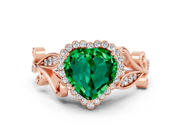 Rose gold Heart Cut Emerald Halo Ring with Vintage Split Shank and Four-Prong Setting