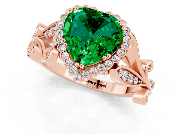 Rose gold Heart Cut Emerald Halo Ring with Vintage Split Shank and Four-Prong Setting