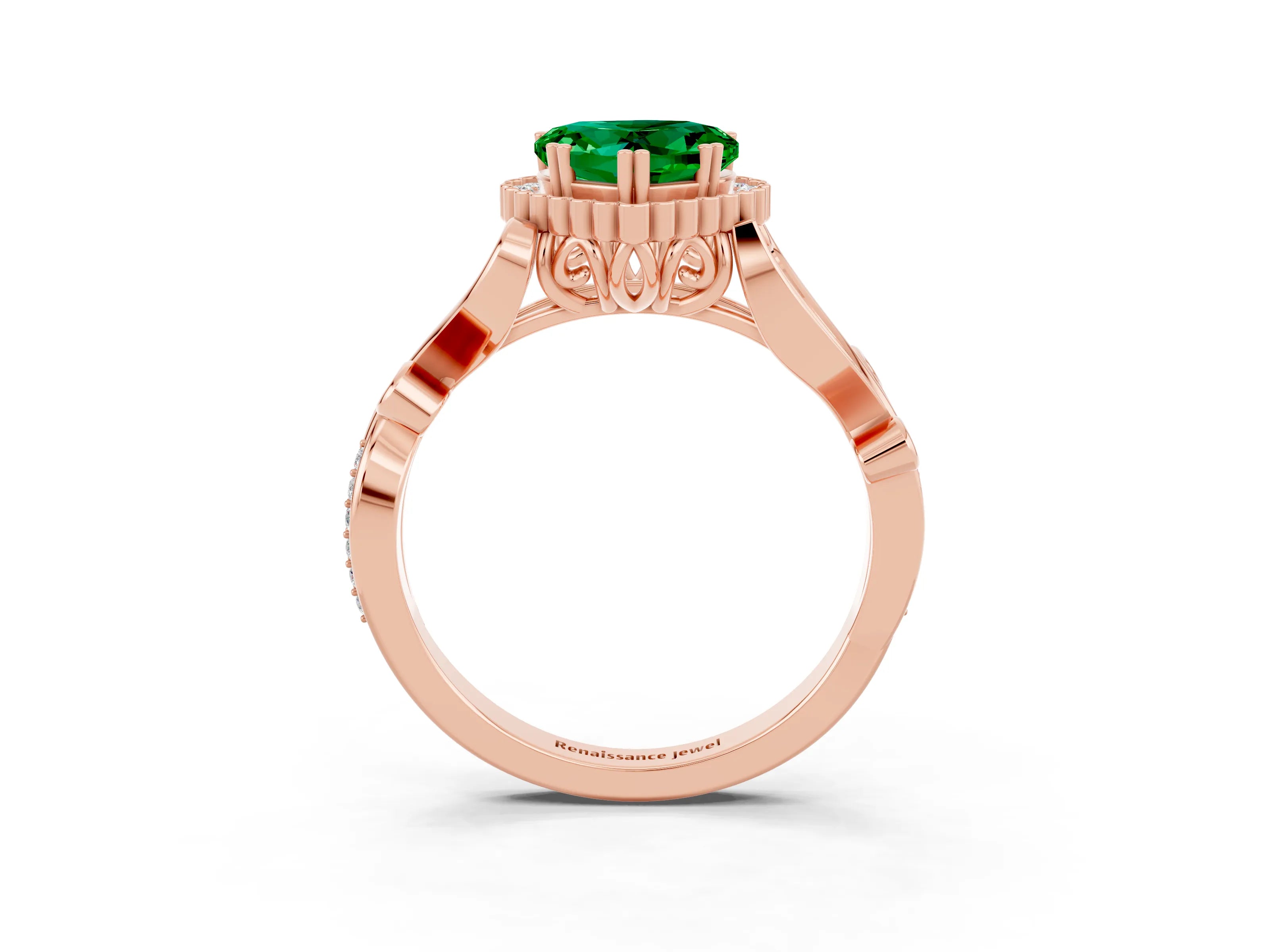 Rose gold Heart Cut Emerald Halo Ring with Vintage Split Shank and Four-Prong Setting_3