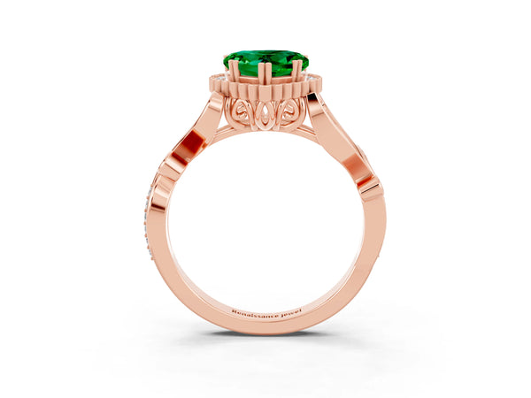 Rose gold Heart Cut Emerald Halo Ring with Vintage Split Shank and Four-Prong Setting