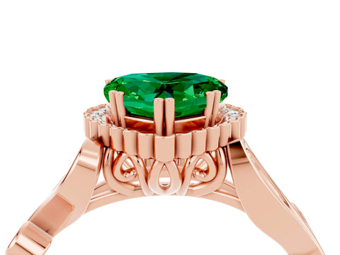 Rose gold Heart Cut Emerald Halo Ring with Vintage Split Shank and Four-Prong Setting_4