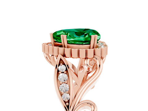 Rose gold Heart Cut Emerald Halo Ring with Vintage Split Shank and Four-Prong Setting_5