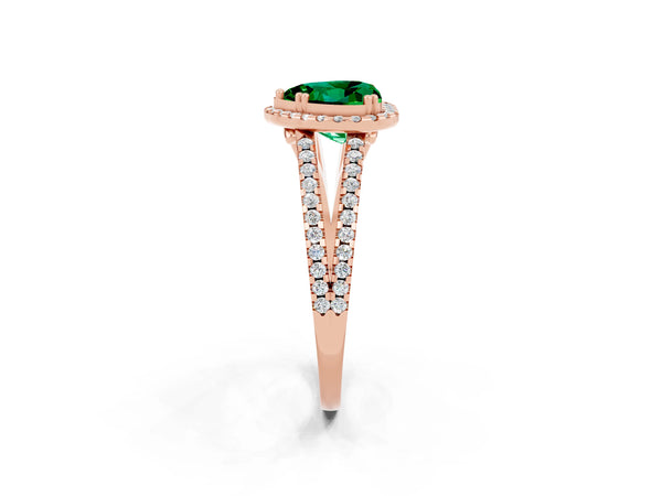 Rose gold Heart Cut Emerald Halo Split Shank Engagement Ring