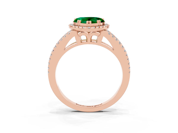 Rose gold Heart Cut Emerald Halo Split Shank Engagement Ring