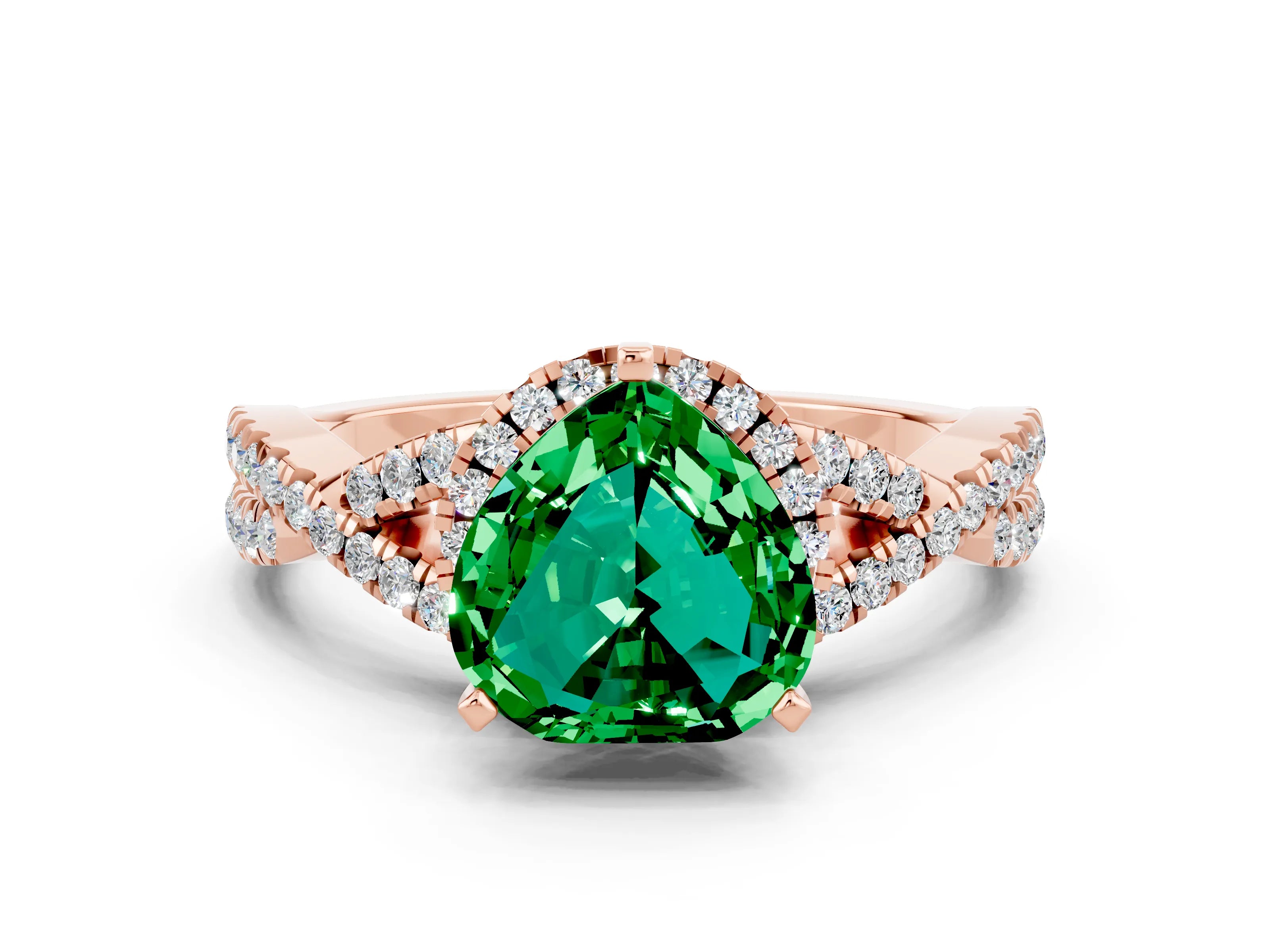 Rose gold Heart Cut Emerald Halo Twist Band Solitaire Prong Setting Ring