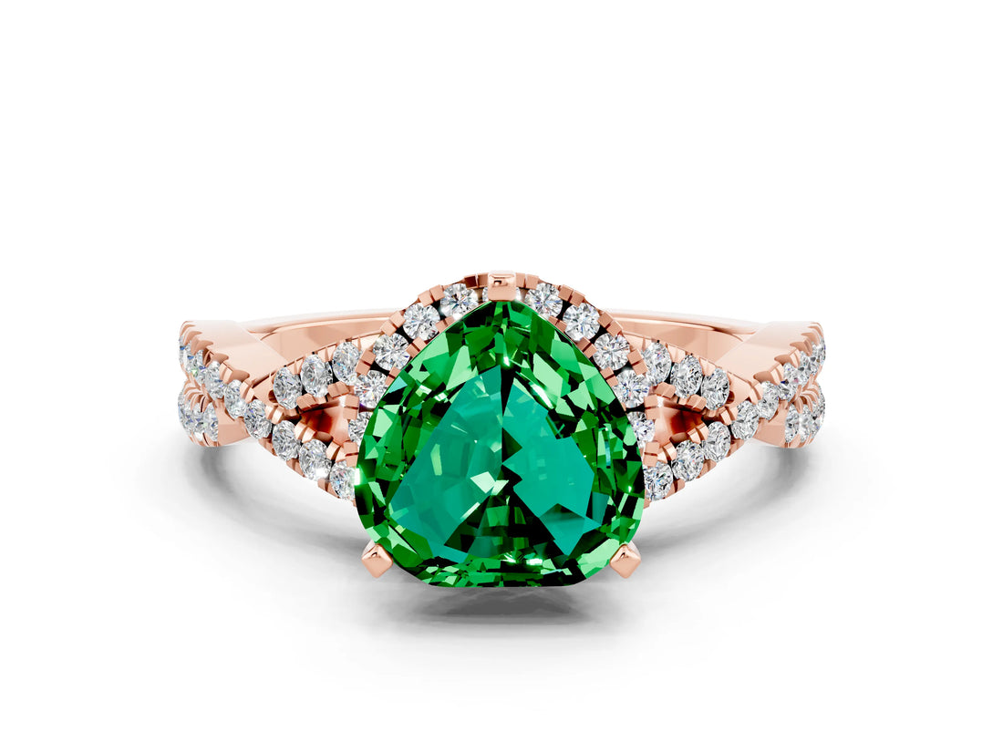Rose gold Heart Cut Emerald Halo Twist Band Solitaire Prong Setting Ring