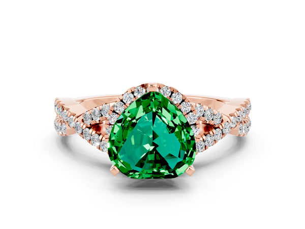 Rose gold Heart Cut Emerald  Halo Twist Band Solitaire Prong Setting Ring