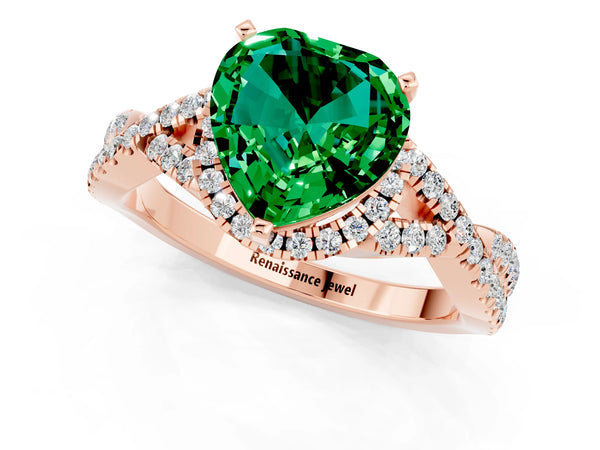 Rose gold Heart Cut Emerald  Halo Twist Band Solitaire Prong Setting Ring