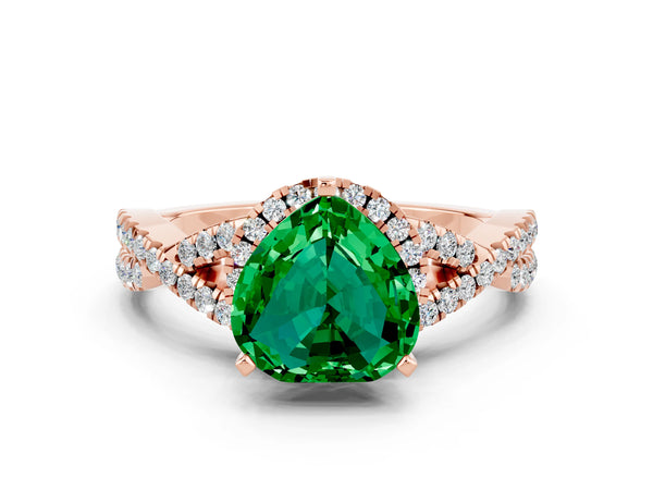 Rose gold Heart Cut Emerald  Halo Twist Band Solitaire Prong Setting Ring