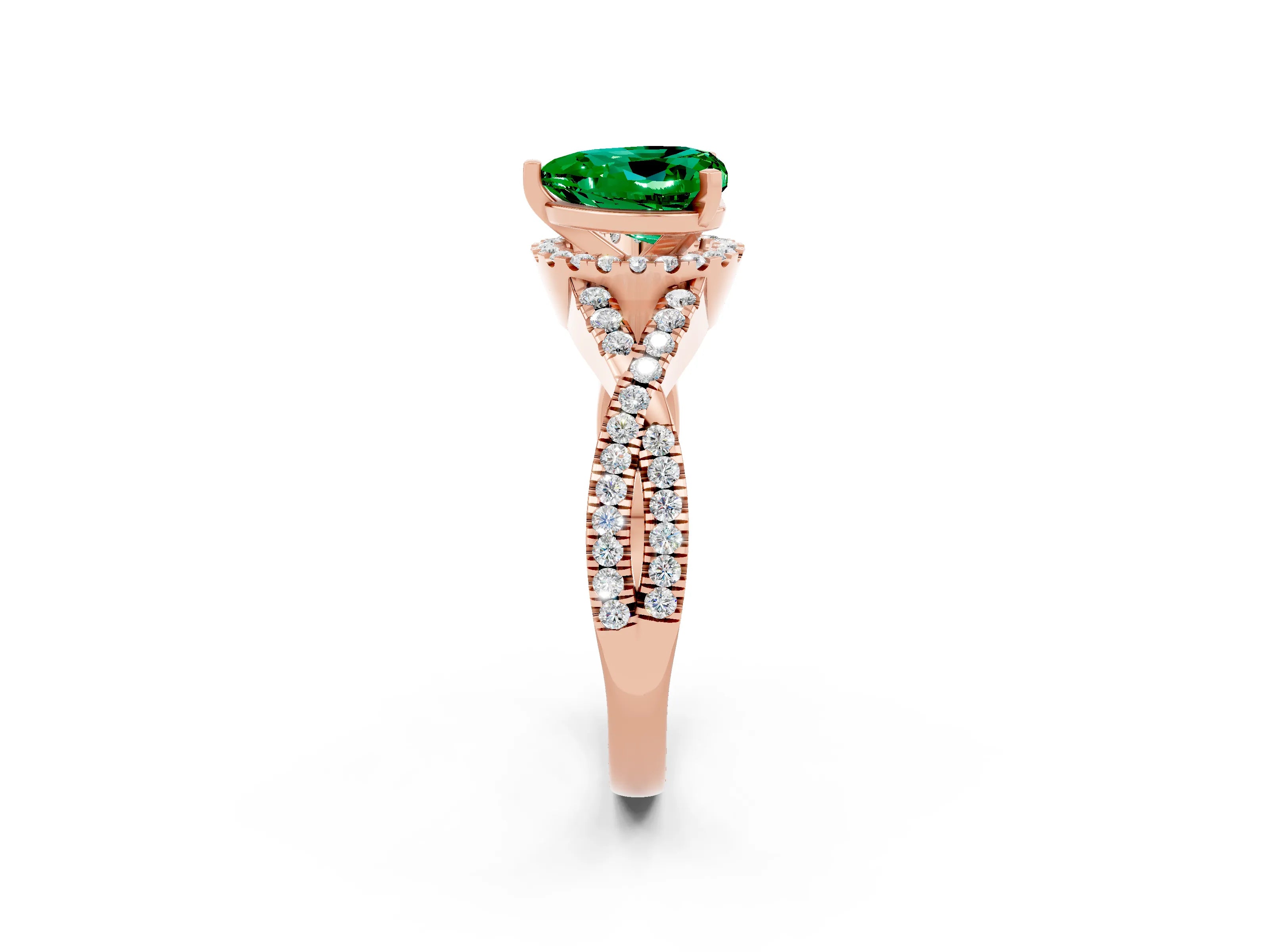 Rose gold Heart Cut Emerald Halo Twist Band Solitaire Prong Setting Ring_2