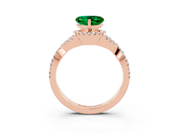 Rose gold Heart Cut Emerald  Halo Twist Band Solitaire Prong Setting Ring