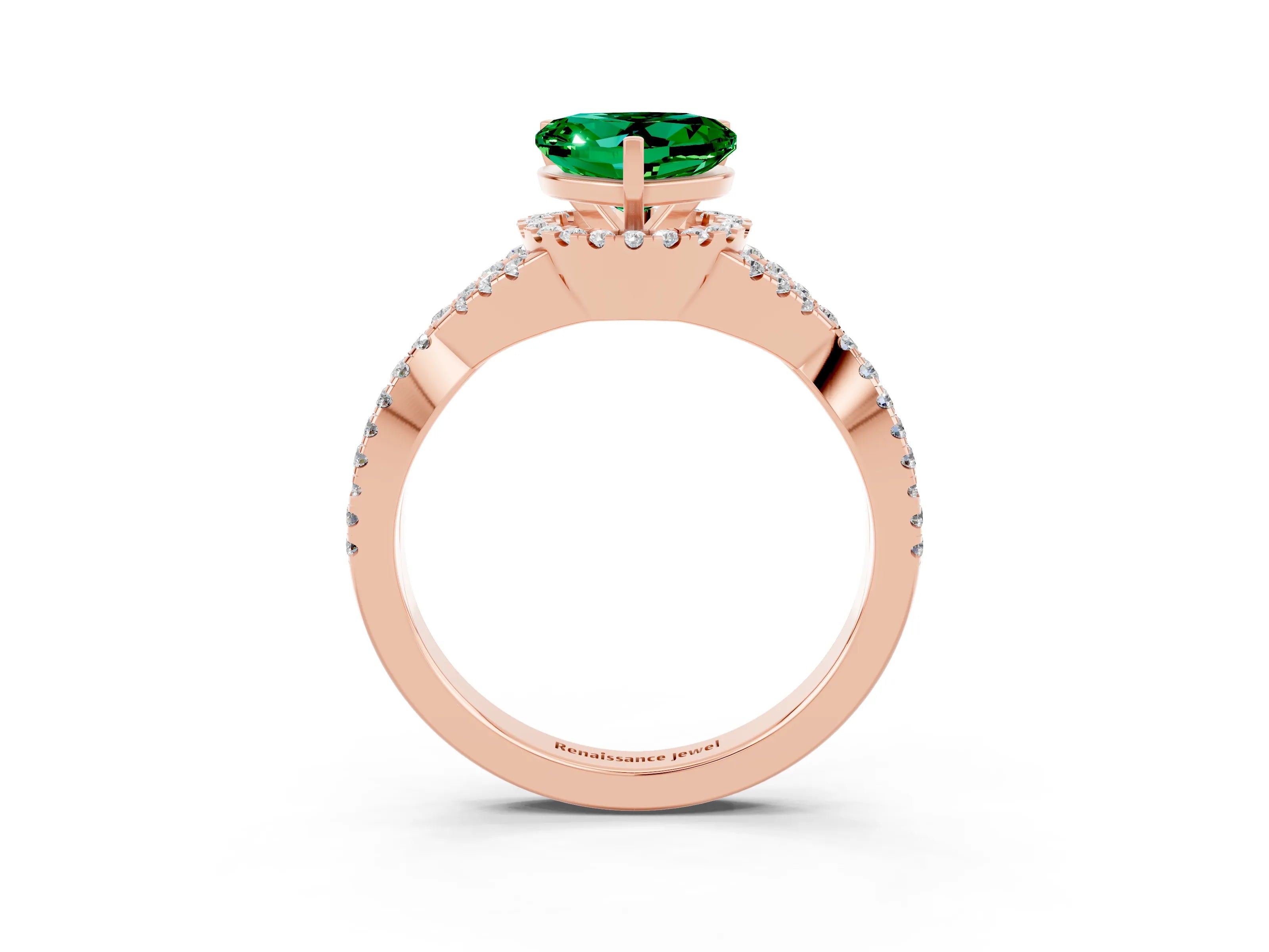 Rose gold Heart Cut Emerald Halo Twist Band Solitaire Prong Setting Ring_3